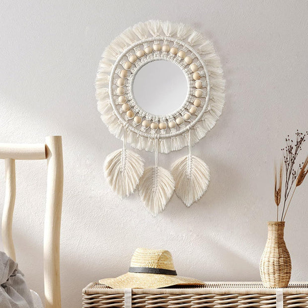 Miroir Mural à Franges en macramé Boho avec Pendentif en Plumes de Perles de Bois