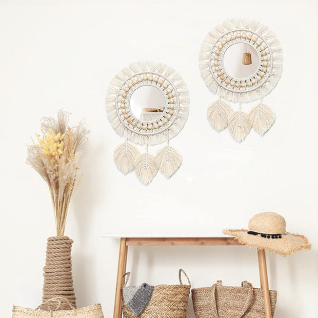 Miroir Mural à Franges en macramé Boho avec Pendentif en Plumes de Perles de Bois