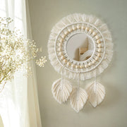 Miroir Mural à Franges en macramé Boho avec Pendentif en Plumes de Perles de Bois