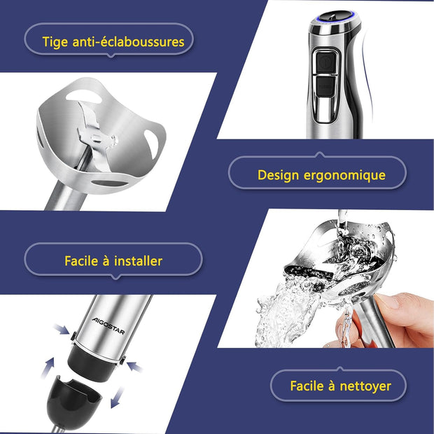 Mixeur plongeant 4 en 1  plongeur avec 6 vitesses + Turbo Puissant