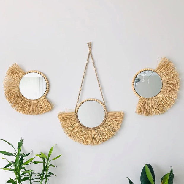 Miroir avec corde de suspension en paille marocaine perles en bois acrylique