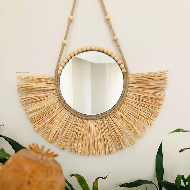 Miroir avec corde de suspension en paille marocaine perles en bois acrylique