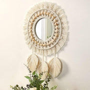 Miroir Mural à Franges en macramé Boho avec Pendentif en Plumes de Perles de Bois