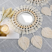 Miroir Mural à Franges en macramé Boho avec Pendentif en Plumes de Perles de Bois